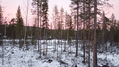 Early winter in Finnish Lapland. The sunrise and ice crystals in the air make the sky look like a pink gummy bal
