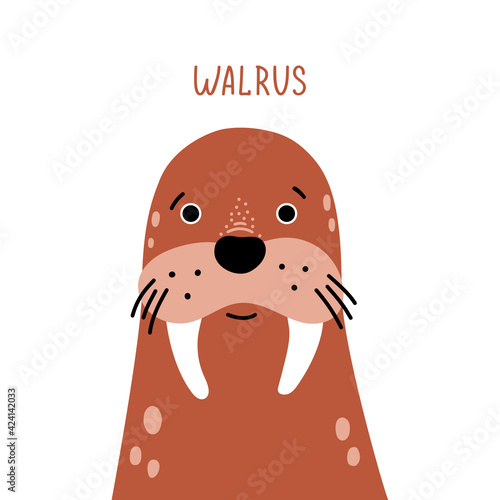 Cute walrus. Vector illustration, isolated on a white background. Scandinavian style flat design. Concept for children print.
