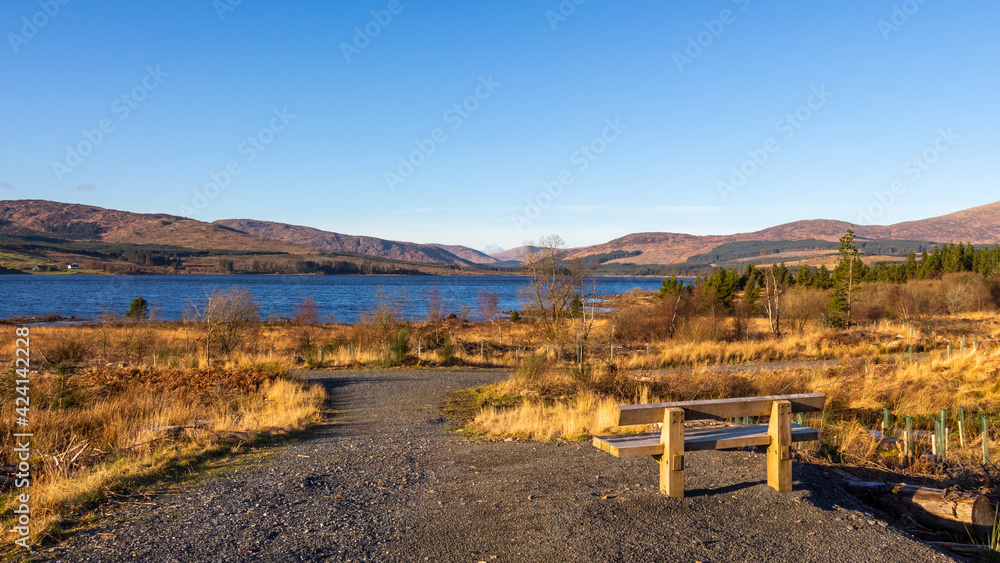 A wooden bench overlooking Clatteringshaws Loch on a sunny winters day