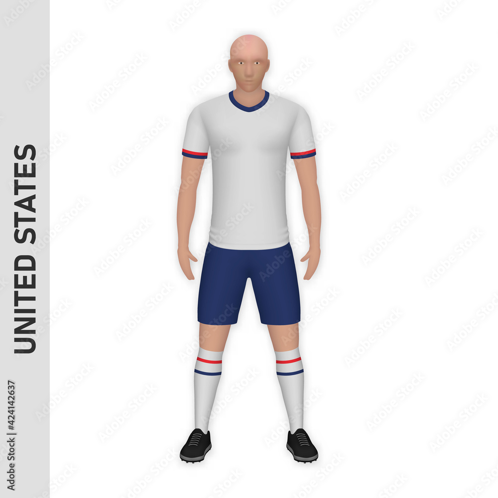 3D realistic soccer player mockup. United States Football Team Kit template