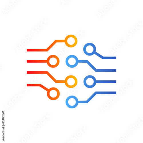 Tecnología electrónica. Circuito digital con lineas de color naranja y azul