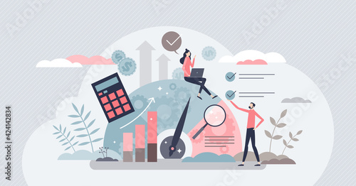 Benchmarking as business compare tool for improvement tiny person concept. Performance, quality and cost comparison to competitor companies vector illustration. Development strategy, plan and method.