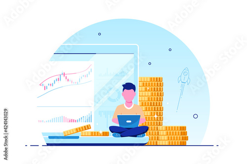 Young man with laptop against computer screen and stacks of coins