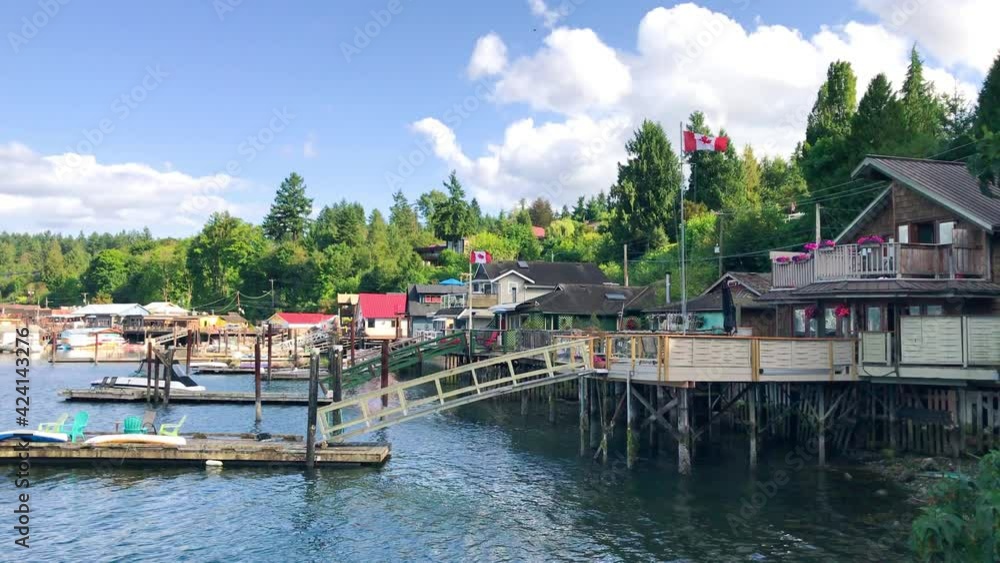 COWICHAN BAY, CANADA - AUGUST 2017: Boat launch in Cowichan Bay, panoramic view COWICHAN BAY, CANADA - AUGUST 2017: Boat launch in Cowichan Bay, panoramic view
