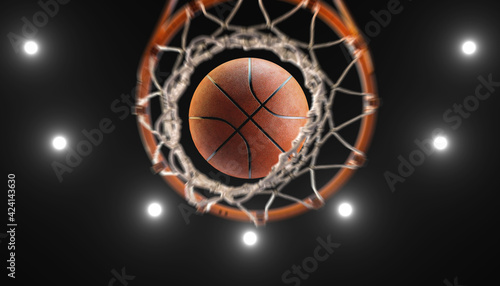 3d render old basketball on hoop ang lighting from roof stadium © mentalrayman