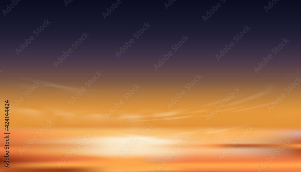 Sunset Dusk Sky in Evening with Orange,Yellow and Dark purple colour, Dramatic twilight landscape of Skyline with cloud,Vector horizon banner of Sunrise for four season weather background