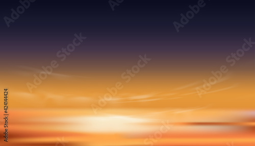 Sunset Dusk Sky in Evening with Orange,Yellow and Dark purple colour, Dramatic twilight landscape of Skyline with cloud,Vector horizon banner of Sunrise for four season weather background