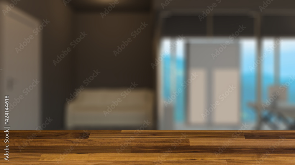 Background with empty table. Flooring. Modern office building interior. 3D rendering.. Blank paintings.