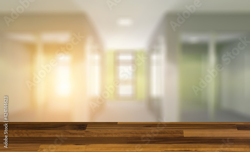 Background with empty table. Flooring. Empty modern office Cabinet. Meeting room. 3D rendering.. Sunset
