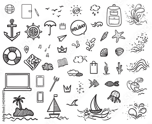 Hand drawn holiday elements. Sketchy doodles. Summer holidays. Freehand signs and symbols. Black and white illustration