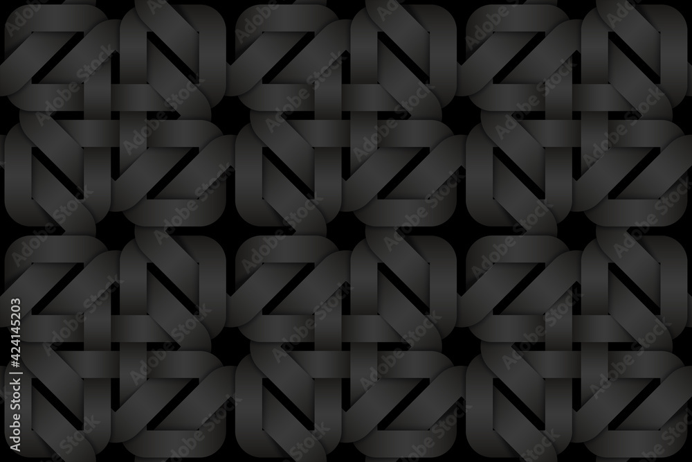 Fototapeta premium Black seamless pattern of weaved square shaped bands. Vector dark repeating background illustration.