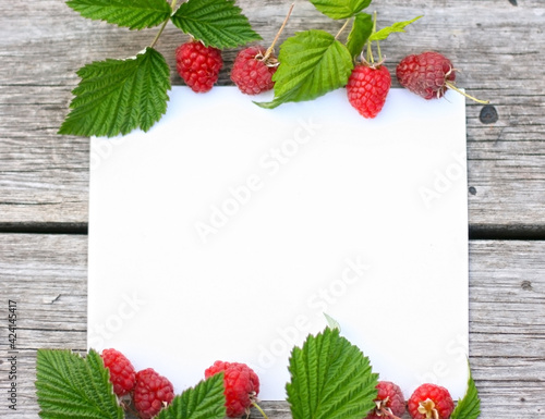 Raspberries on a wooden background. Mock up with copy space. Top view of ripe berries. Flat lay. Focus on berries. Empty blank