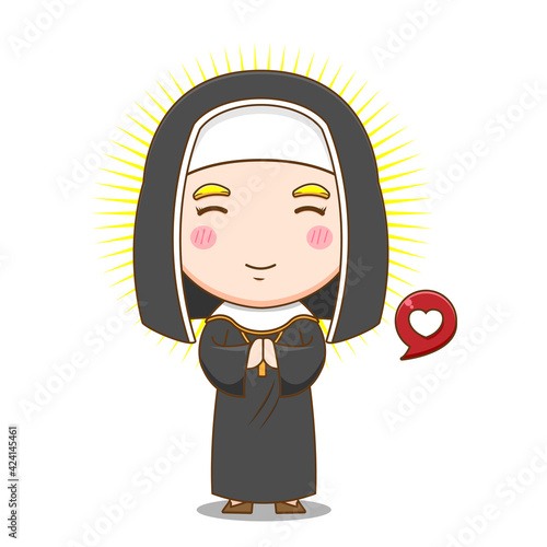 Illustration of cute nun cartoon character praying