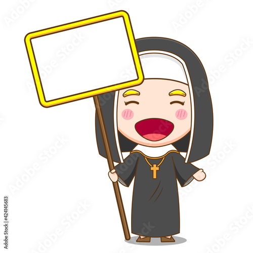 Illustration of cute nun cartoon character with empty board