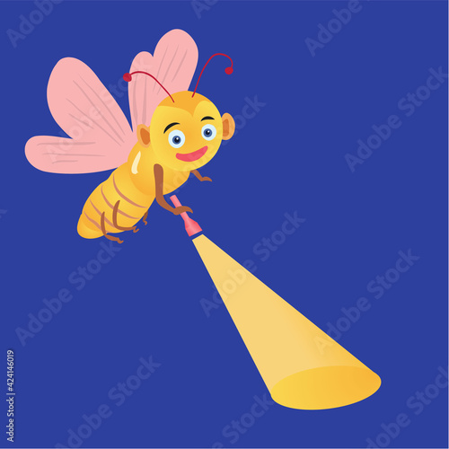 A cute firefly with a flashlight in his hand on the night sky background. Vector illustration isolated on blue background.