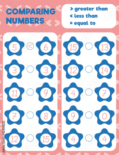 Comparing numbers worksheet practice print sheet. Vector illustration.