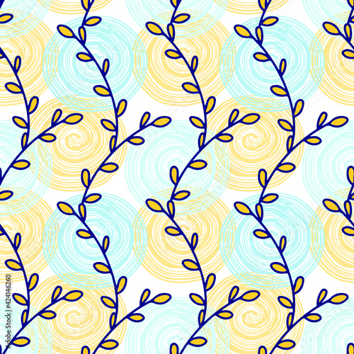 Vernal pattern with tiny yellow leaves on light circles background