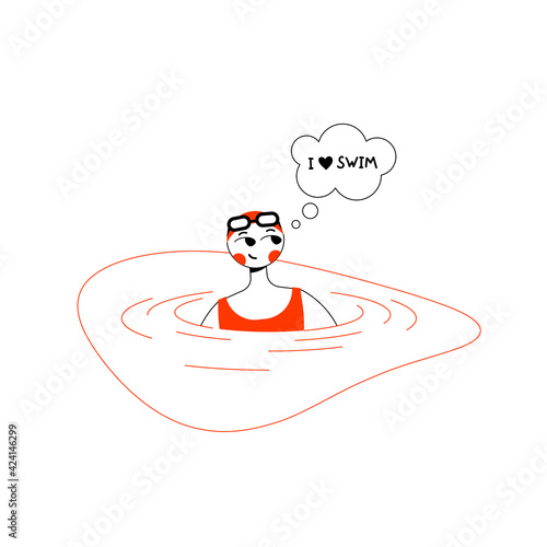 An athlete swimmer in a swimsuit, swimming goggles and a hat is in the water in the pool. Bubble with the text "I love swim". Flat outline vector illustration.