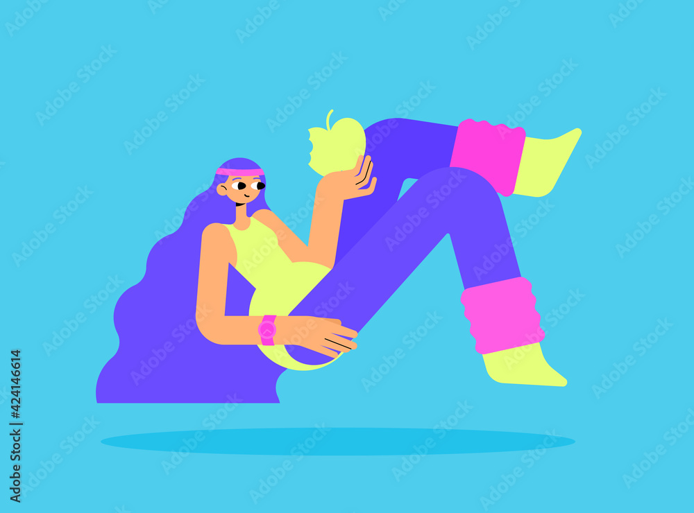 A girl in leggings, a swimsuit, and socks levitates in the air and eats an apple. Long purple hair. 80s style. Flat bright vector illustration.