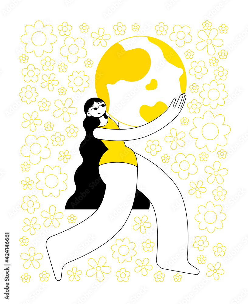 A strong, beautiful woman in a bathing suit carries the planet earth in her arms, protecting it from harm. World peace. Background from many daisies. Retro style. Flat outline vector illustration A strong, beautiful woman in a bathing suit carries the planet earth in her arms, protecting it from harm. World peace. Background from many daisies. Retro style. Flat outline vector illustration