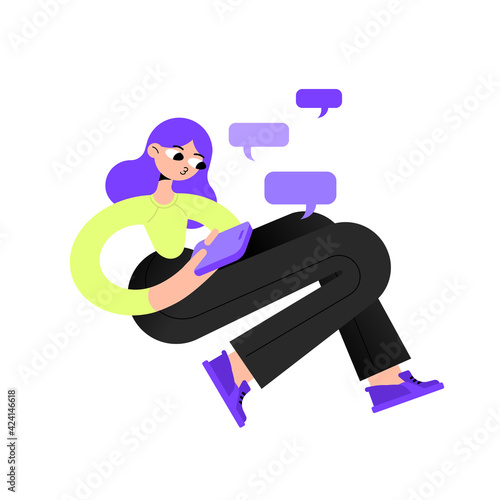 A girl in business trousers and a long sleeve is texting in a smartphone chat next to the bubble. Remote work in the office or freelance. Flat bright vector illustration.