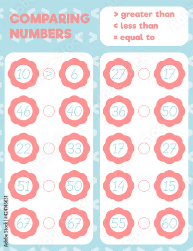 Comparing numbers worksheet practice print sheet. Vector illustration.