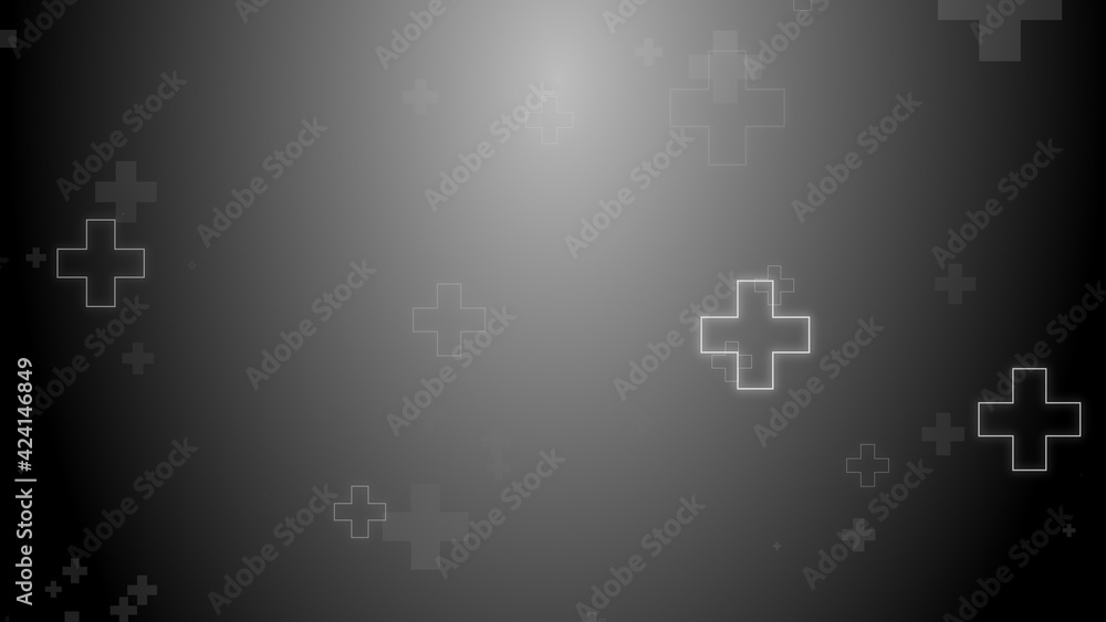 Medical health cross neon light shapes pattern on black background.