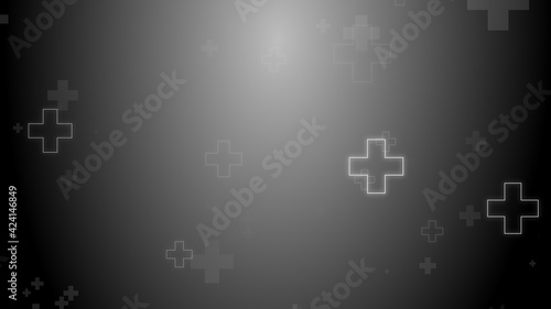 Medical health cross neon light shapes pattern on black background.