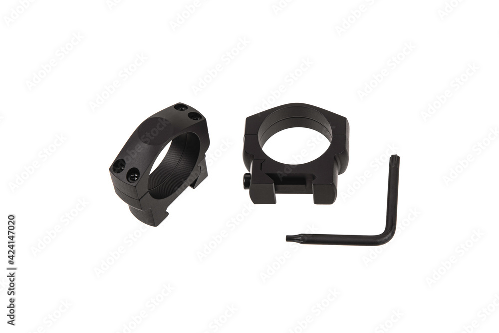 Obraz premium Quick disconnect mount made for holding a scope on a rifle isolated on white back. Quick Release Sniper Cantilever Scope Mount.