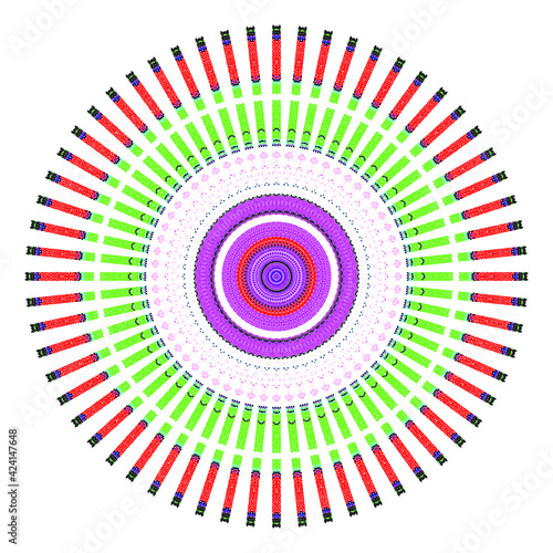 Creative multicolored points round symbol. Abstract symmetrical logo. Mosaic colorful beautiful beads. Circle dots modern pixel floral art icon. Colored pattern ornament wheel decorative illustration.