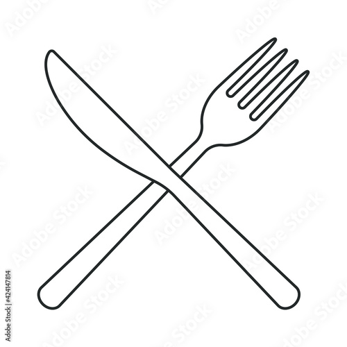 Fork and knife crossed icon logo. Flat shape restaurant or cafe place sign. Utensil across. Kitchen and diner menu button symbol. Vector silhouette illustration image.