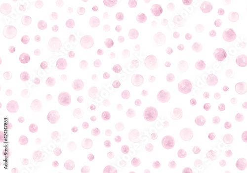 Seamless Rose Watercolor Circles. Grunge Hand Drawn Spots Background. Pastel Polka Print. Art Pink Watercolor Circles. Rounds Design. Vintage Dots Wallpaper. Pink Watercolor Circles.