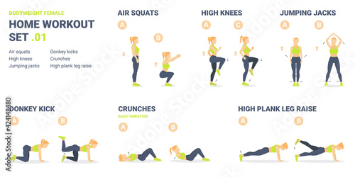 Home Workout Set. Set of Bodyweight Exercise Guidances for Female Home Workout without Equipment.