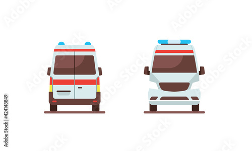 white ambulance car emergency medical service vehicle front and rear angle view flat vector illustration isolated on white background