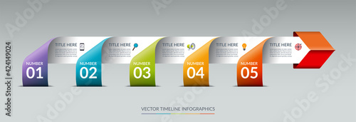 Vector infographic arrow timeline template with 5 steps. Origami style. Can be used for web design, brochure, diagram, chart, graph, business presentation.
