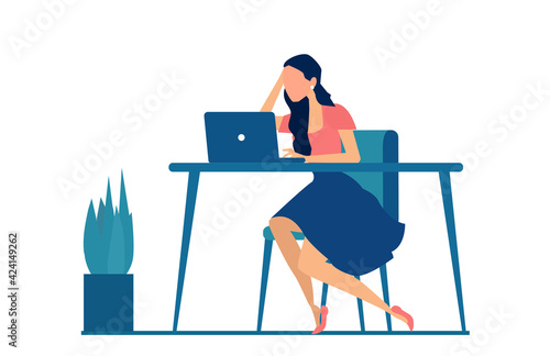 Vector of a stressed businesswoman sitting at desk working on computer