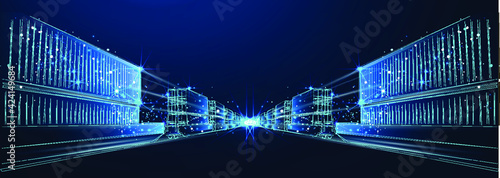 Wagon of freight train with containers on the blue background, abstract vector 3d. Transportation, logistics or international shipping concept. Digital polygonal low poly mesh illustration