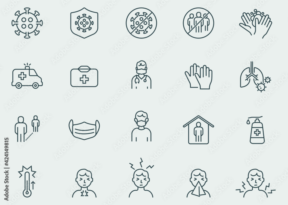 Coronavirus COVID-19 associated with respiratory pneumonia pandemic vector icons. Icons symptoms, transmission, prevention, treatment, virus, contagious, infection 2019-nCoV