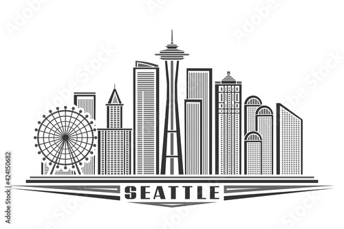 Vector illustration of Seattle, monochrome horizontal poster with outline design of seattle city scape, urban line art concept with unique decorative letters for black word seattle on white background