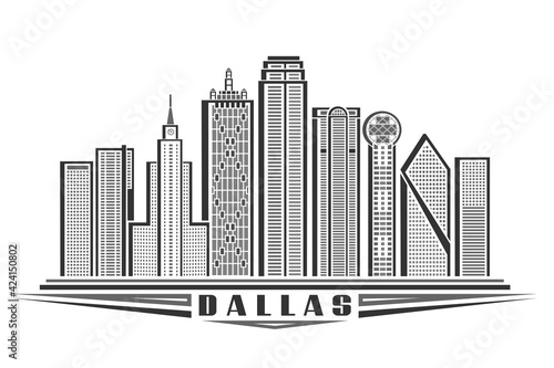Vector illustration of Dallas, monochrome horizontal poster with outline design of dallas city scape, urban line art concept with unique decorative letters for black word dallas on white background.