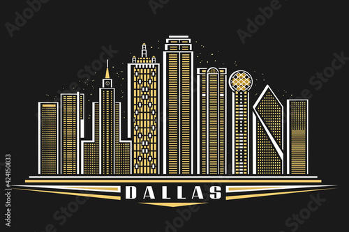 Vector illustration of Dallas, horizontal poster with outline design illuminated dallas city scape, american urban line art concept with decorative lettering for word dallas on dark dusk background.