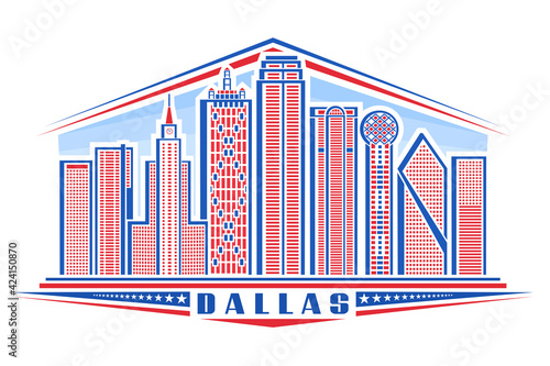 Vector illustration of Dallas, horizontal poster with outline design dallas city scape on day time background, urban line art concept with unique letters for word dallas and decorative stars in a row.