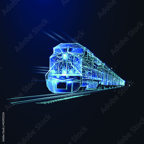 Freight train locomotive with freight, Abstract vector 3d. Isolated on  dark blue background. Transportation, logistics or international shipping concept. Digital polygonal low poly 3d mesh illustrati
