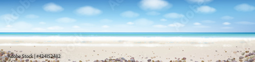 Vector  ocean background. Blue  sky,  ocean, sandy beach and stones.