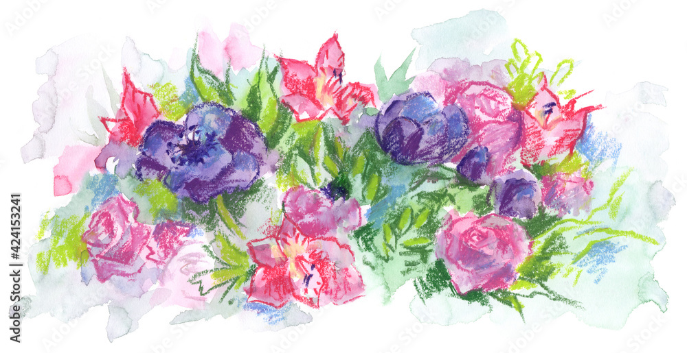 Lovely composition with mixed media pink flowers sketch made with pastel and watercolor for postcards, decoration, graphic and web design, flower shop, poster, wrapping, wallpaper, wedding