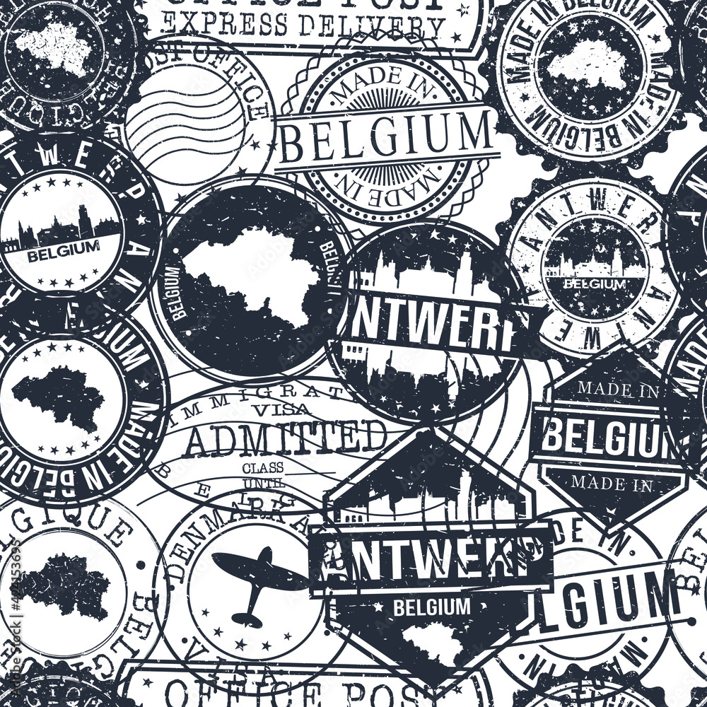 Obraz premium Antwerp Belgium Stamps Background. City Stamp Vector Art. Postal Passport Travel. Design Set Pattern.