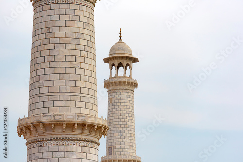 Photography Part of Taj Mahal minarets in Agra, India. Marble minarets.