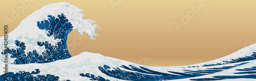 Big wave. Ukiyo-e style, Ukiyoe (Japanese woodblock prints), sea, wave, vector illustration, copy space, Katsushika Hokusai, landscape, web header, banner, background, 	