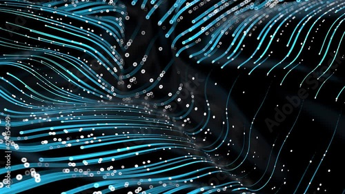 Loop animation of flowing technology lines with particles, rendered with bokeh effect. Blueline stripes moving on the deformed surface. photo