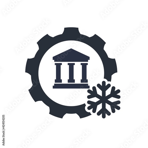 Bank building and snowflake. Frozen accounts, deposits. Vector icon isolated on white background.